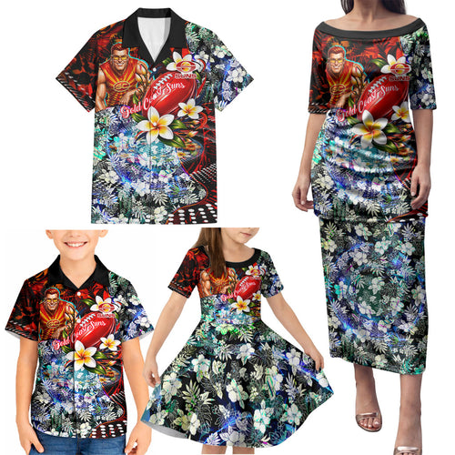 Personalized Gold Coast Suns Football Family Matching Puletasi and Hawaiian Shirt Tropical Hibiscus Flowers - Pacific Fusion Style