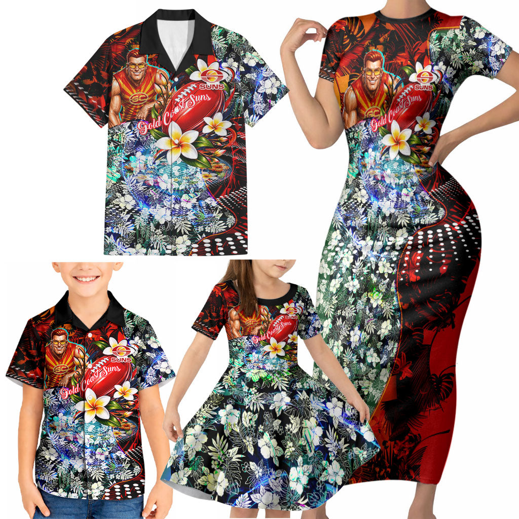 Personalized Gold Coast Suns Football Family Matching Short Sleeve Bodycon Dress and Hawaiian Shirt Tropical Hibiscus Flowers - Pacific Fusion Style
