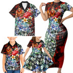Personalized Gold Coast Suns Football Family Matching Short Sleeve Bodycon Dress and Hawaiian Shirt Tropical Hibiscus Flowers - Pacific Fusion Style