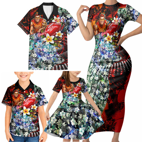 Personalized Gold Coast Suns Football Family Matching Short Sleeve Bodycon Dress and Hawaiian Shirt Tropical Hibiscus Flowers - Pacific Fusion Style