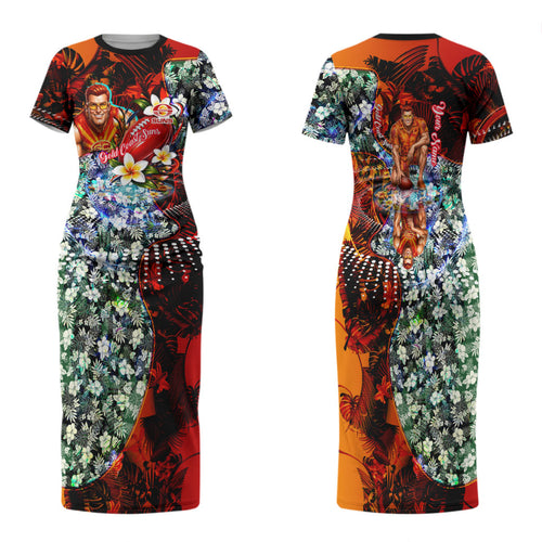 Personalized Gold Coast Suns Football Family Matching Short Sleeve Bodycon Dress and Hawaiian Shirt Tropical Hibiscus Flowers - Pacific Fusion Style
