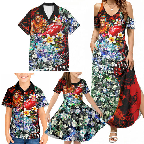 Personalized Gold Coast Suns Football Family Matching Summer Maxi Dress and Hawaiian Shirt Tropical Hibiscus Flowers - Pacific Fusion Style