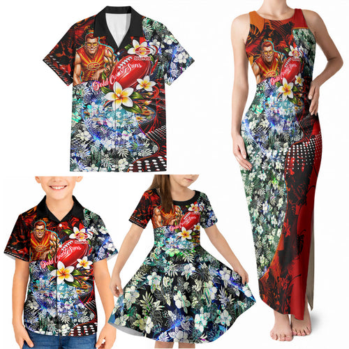 Personalized Gold Coast Suns Football Family Matching Tank Maxi Dress and Hawaiian Shirt Tropical Hibiscus Flowers - Pacific Fusion Style