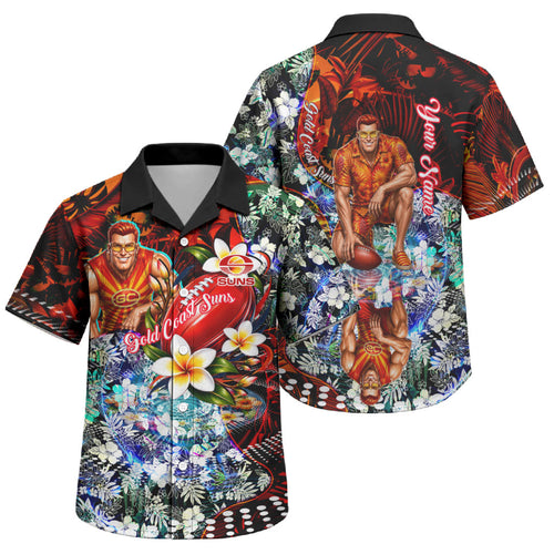 Personalized Gold Coast Suns Football Family Matching Tank Maxi Dress and Hawaiian Shirt Tropical Hibiscus Flowers - Pacific Fusion Style