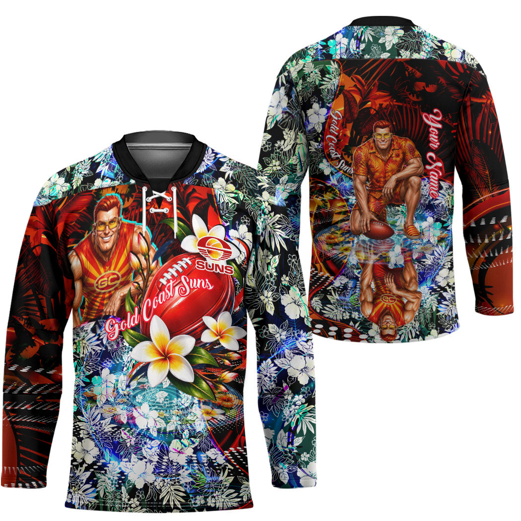Personalized Gold Coast Suns Football Hockey Jersey Tropical Hibiscus Flowers - Pacific Fusion Style