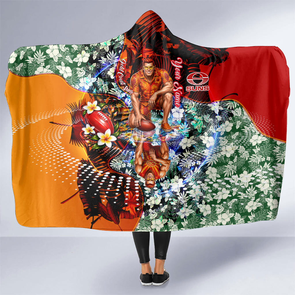 Personalized Gold Coast Suns Football Hooded Blanket Tropical Hibiscus Flowers - Pacific Fusion Style