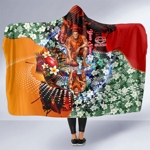 Personalized Gold Coast Suns Football Hooded Blanket Tropical Hibiscus Flowers - Pacific Fusion Style