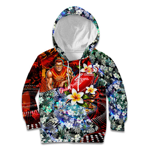Personalized Gold Coast Suns Football Kid Hoodie Tropical Hibiscus Flowers - Pacific Fusion Style