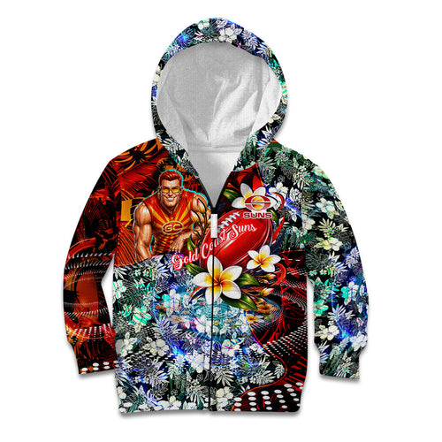 Personalized Gold Coast Suns Football Kid Hoodie Tropical Hibiscus Flowers - Pacific Fusion Style
