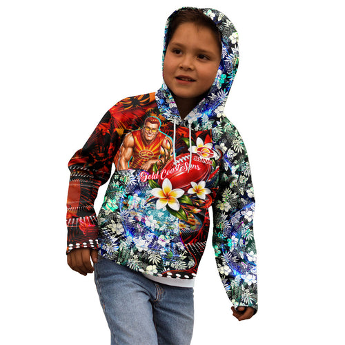 Personalized Gold Coast Suns Football Kid Hoodie Tropical Hibiscus Flowers - Pacific Fusion Style