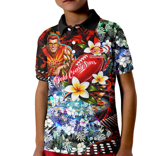 Personalized Gold Coast Suns Football Kid Polo Shirt Tropical Hibiscus Flowers - Pacific Fusion Style