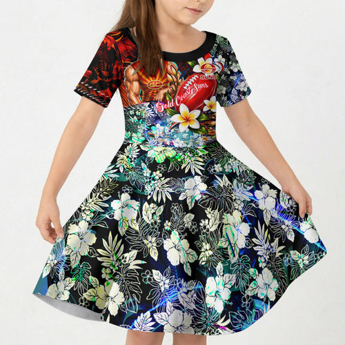 Personalized Gold Coast Suns Football Kid Short Sleeve Dress Tropical Hibiscus Flowers - Pacific Fusion Style