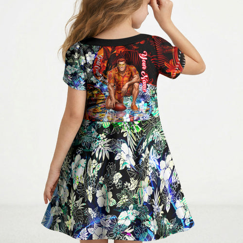 Personalized Gold Coast Suns Football Kid Short Sleeve Dress Tropical Hibiscus Flowers - Pacific Fusion Style
