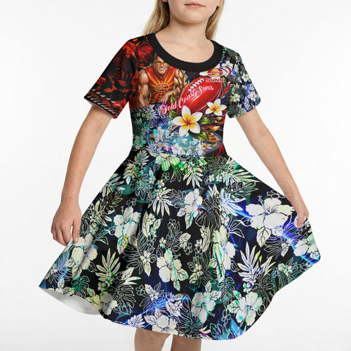 Personalized Gold Coast Suns Football Kid Short Sleeve Dress Tropical Hibiscus Flowers - Pacific Fusion Style