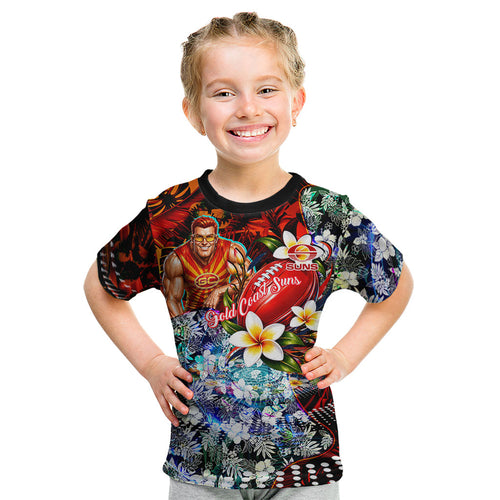 Personalized Gold Coast Suns Football Kid T Shirt Tropical Hibiscus Flowers - Pacific Fusion Style