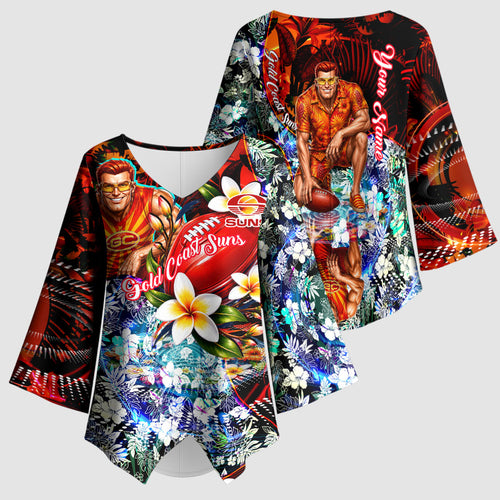 Personalized Gold Coast Suns Football Kimono Sleeve Blouse Tropical Hibiscus Flowers - Pacific Fusion Style