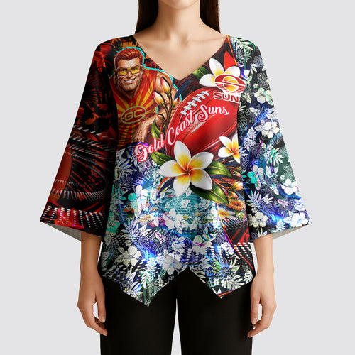 Personalized Gold Coast Suns Football Kimono Sleeve Blouse Tropical Hibiscus Flowers - Pacific Fusion Style
