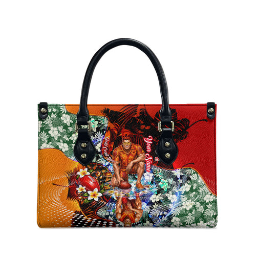 Personalized Gold Coast Suns Football Leather Bag Tropical Hibiscus Flowers - Pacific Fusion Style
