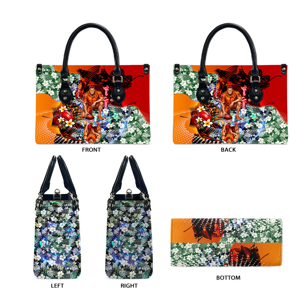 Personalized Gold Coast Suns Football Leather Bag Tropical Hibiscus Flowers - Pacific Fusion Style