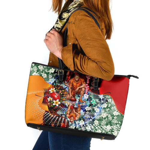 Personalized Gold Coast Suns Football Leather Tote Bag Tropical Hibiscus Flowers - Pacific Fusion Style
