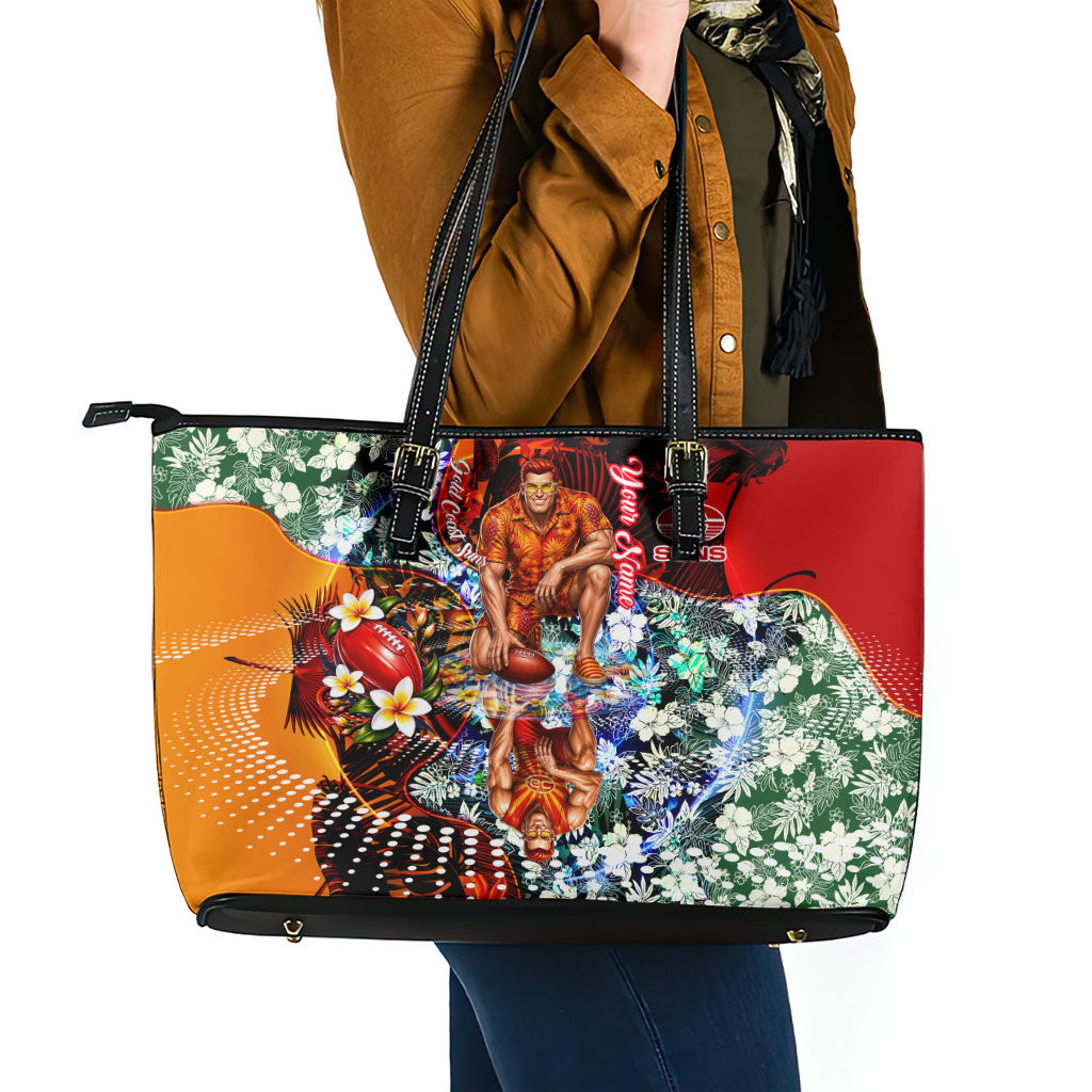 Personalized Gold Coast Suns Football Leather Tote Bag Tropical Hibiscus Flowers - Pacific Fusion Style