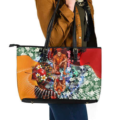 Personalized Gold Coast Suns Football Leather Tote Bag Tropical Hibiscus Flowers - Pacific Fusion Style