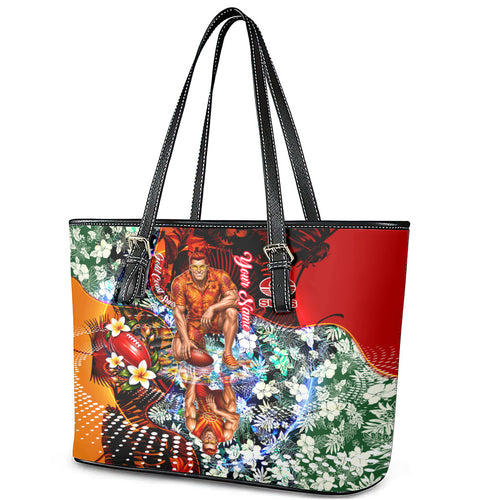 Personalized Gold Coast Suns Football Leather Tote Bag Tropical Hibiscus Flowers - Pacific Fusion Style
