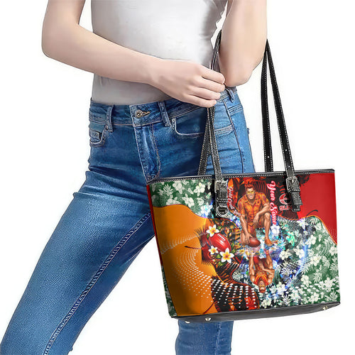 Personalized Gold Coast Suns Football Leather Tote Bag Tropical Hibiscus Flowers - Pacific Fusion Style