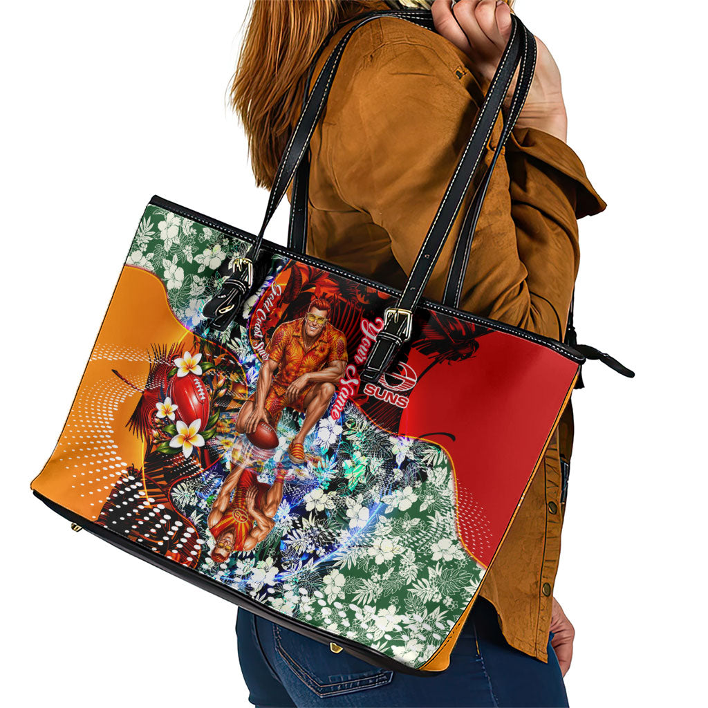 Personalized Gold Coast Suns Football Leather Tote Bag Tropical Hibiscus Flowers - Pacific Fusion Style