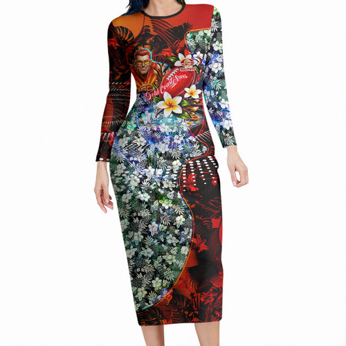 Personalized Gold Coast Suns Football Long Sleeve Bodycon Dress Tropical Hibiscus Flowers - Pacific Fusion Style