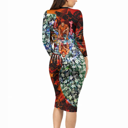 Personalized Gold Coast Suns Football Long Sleeve Bodycon Dress Tropical Hibiscus Flowers - Pacific Fusion Style