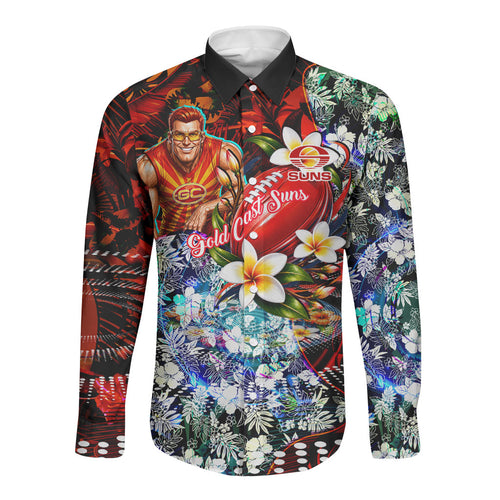 Personalized Gold Coast Suns Football Long Sleeve Button Shirt Tropical Hibiscus Flowers - Pacific Fusion Style