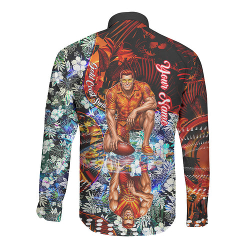 Personalized Gold Coast Suns Football Long Sleeve Button Shirt Tropical Hibiscus Flowers - Pacific Fusion Style