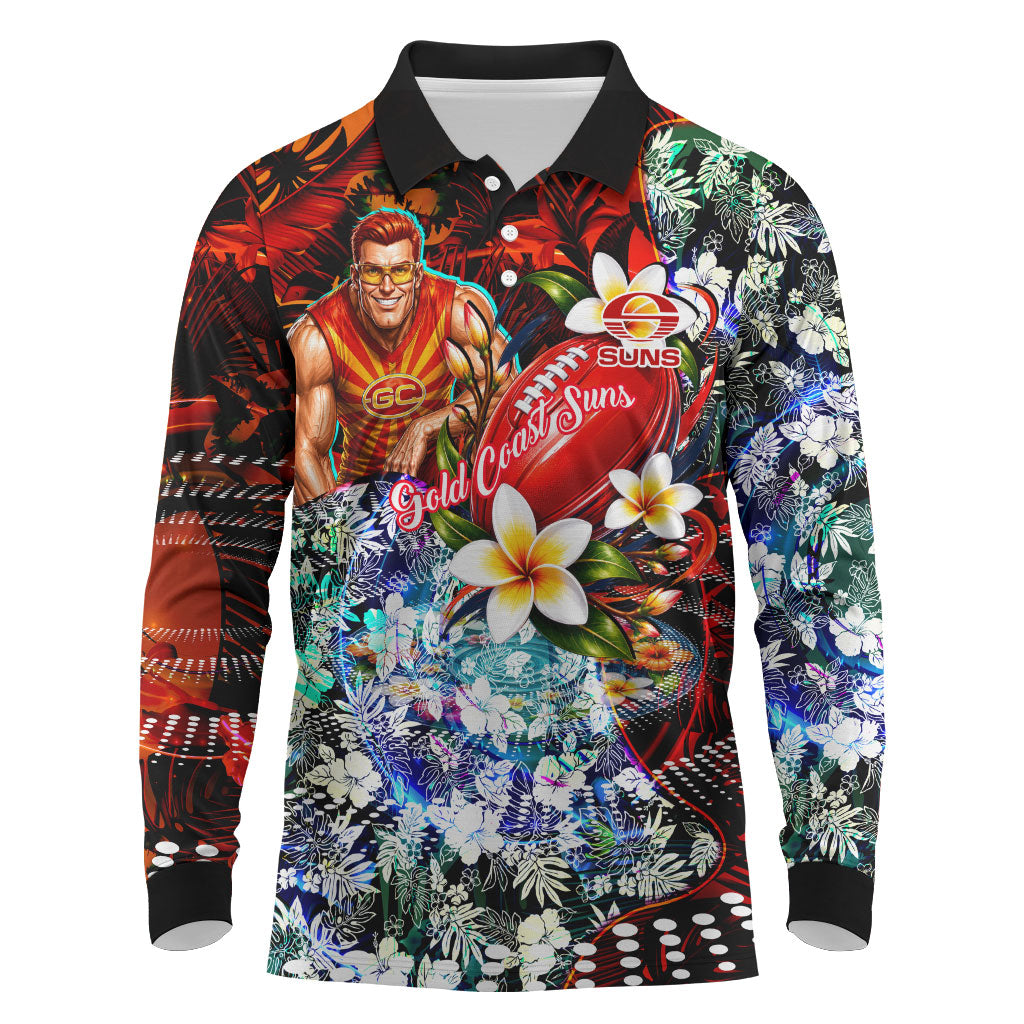Personalized Gold Coast Suns Football Long Sleeve Polo Shirt Tropical Hibiscus Flowers - Pacific Fusion Style