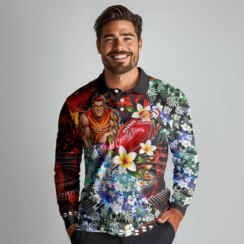 Personalized Gold Coast Suns Football Long Sleeve Polo Shirt Tropical Hibiscus Flowers - Pacific Fusion Style