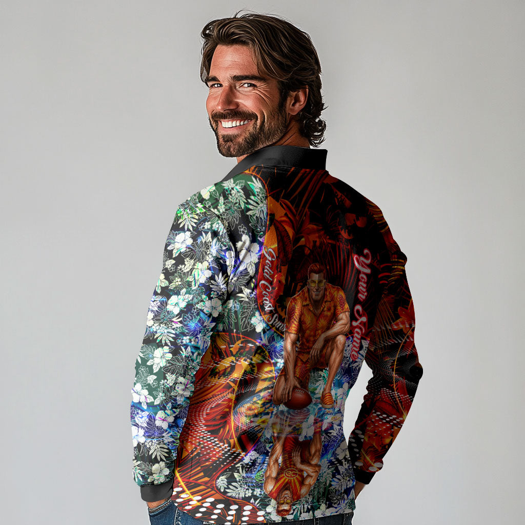 Personalized Gold Coast Suns Football Long Sleeve Polo Shirt Tropical Hibiscus Flowers - Pacific Fusion Style