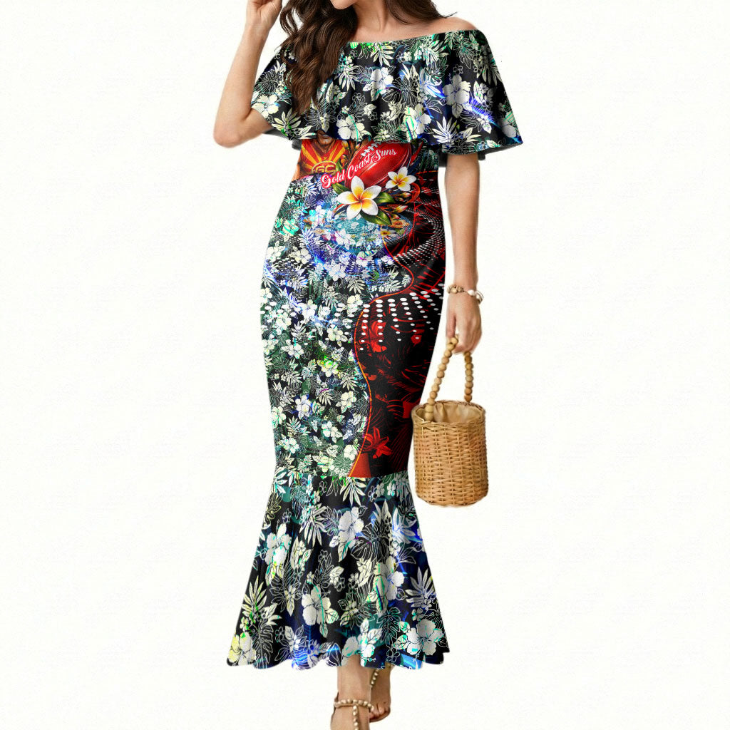 Personalized Gold Coast Suns Football Mermaid Dress Tropical Hibiscus Flowers - Pacific Fusion Style