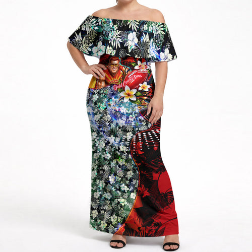 Personalized Gold Coast Suns Football Off Shoulder Maxi Dress Tropical Hibiscus Flowers - Pacific Fusion Style