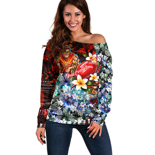 Personalized Gold Coast Suns Football Off Shoulder Sweater Tropical Hibiscus Flowers - Pacific Fusion Style