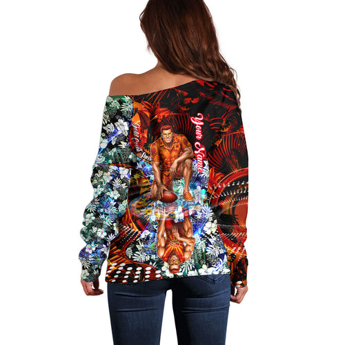 Personalized Gold Coast Suns Football Off Shoulder Sweater Tropical Hibiscus Flowers - Pacific Fusion Style