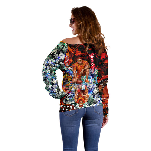 Personalized Gold Coast Suns Football Off Shoulder Sweater Tropical Hibiscus Flowers - Pacific Fusion Style