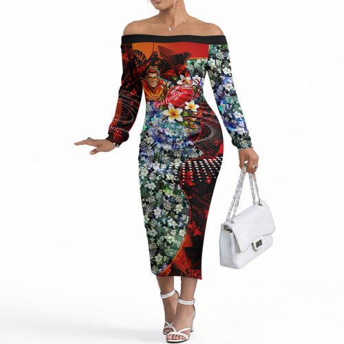 Personalized Gold Coast Suns Football Off The Shoulder Long Sleeve Dress Tropical Hibiscus Flowers - Pacific Fusion Style