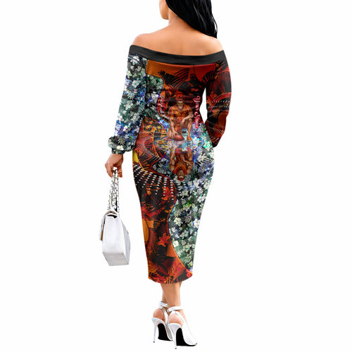Personalized Gold Coast Suns Football Off The Shoulder Long Sleeve Dress Tropical Hibiscus Flowers - Pacific Fusion Style