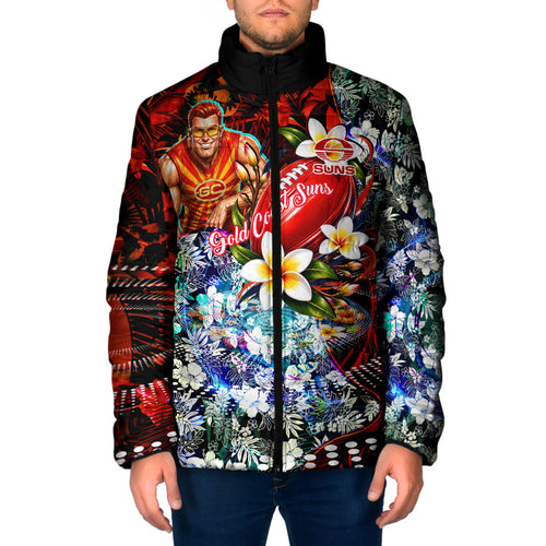 Personalized Gold Coast Suns Football Padded Jacket Tropical Hibiscus Flowers - Pacific Fusion Style