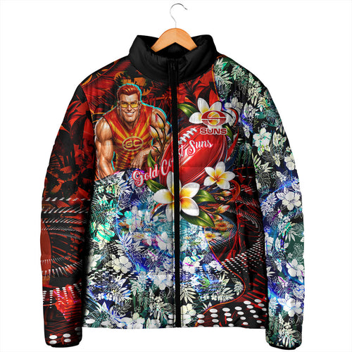 Personalized Gold Coast Suns Football Padded Jacket Tropical Hibiscus Flowers - Pacific Fusion Style
