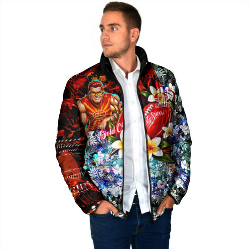 Personalized Gold Coast Suns Football Padded Jacket Tropical Hibiscus Flowers - Pacific Fusion Style