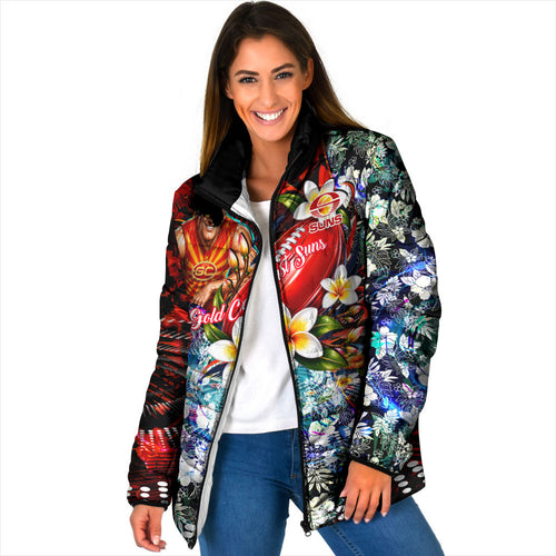 Personalized Gold Coast Suns Football Padded Jacket Tropical Hibiscus Flowers - Pacific Fusion Style