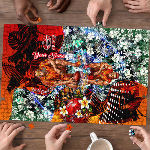 Personalized Gold Coast Suns Football Puzzle Tropical Hibiscus Flowers - Pacific Fusion Style