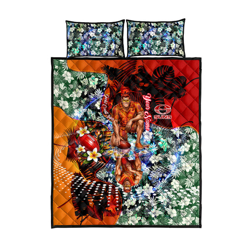 Personalized Gold Coast Suns Football Quilt Bed Set Tropical Hibiscus Flowers - Pacific Fusion Style