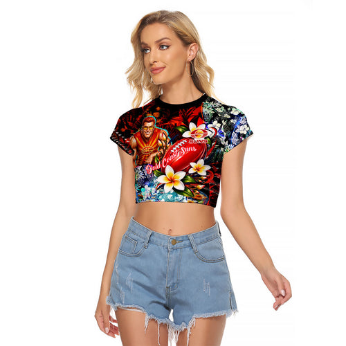 Personalized Gold Coast Suns Football Raglan Cropped T Shirt Tropical Hibiscus Flowers - Pacific Fusion Style